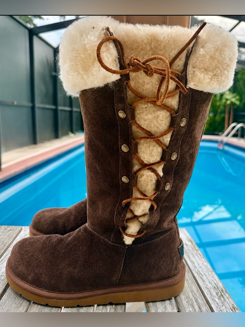 UGG AUSTRALIA “UPSIDE” SHEEPSKIN LINED BROWN SUEDE LACE UP BOOTS SIZE 8